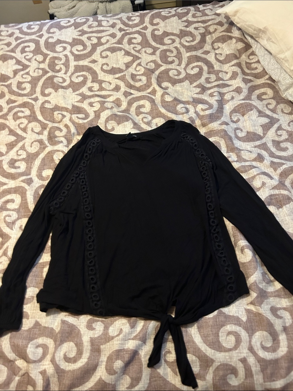 new directions Black Long-Sleeve Tie-Front Eyelet Top
